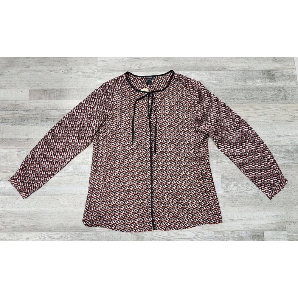 Ann Taylor Women's Black Red White Geometric Tie Neck Blouse Longsleeve Sizes 10
